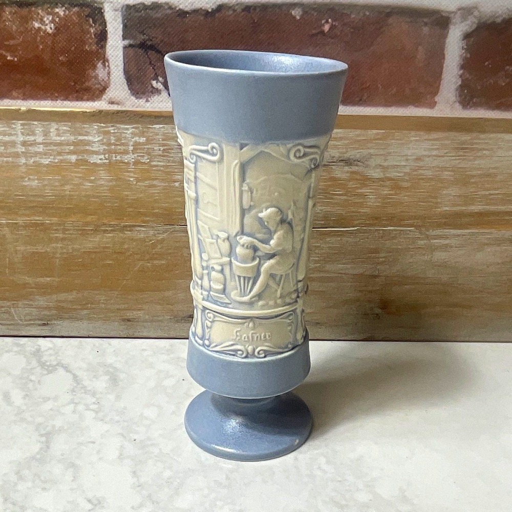 Blue & Beige Embossed Decorated Ceramic Beer Stein Mug 6.5 in Tall
